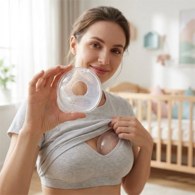 femme tient une coquille d'allaitement vide, l'autre est dans son soutien-gorge d'allaitement