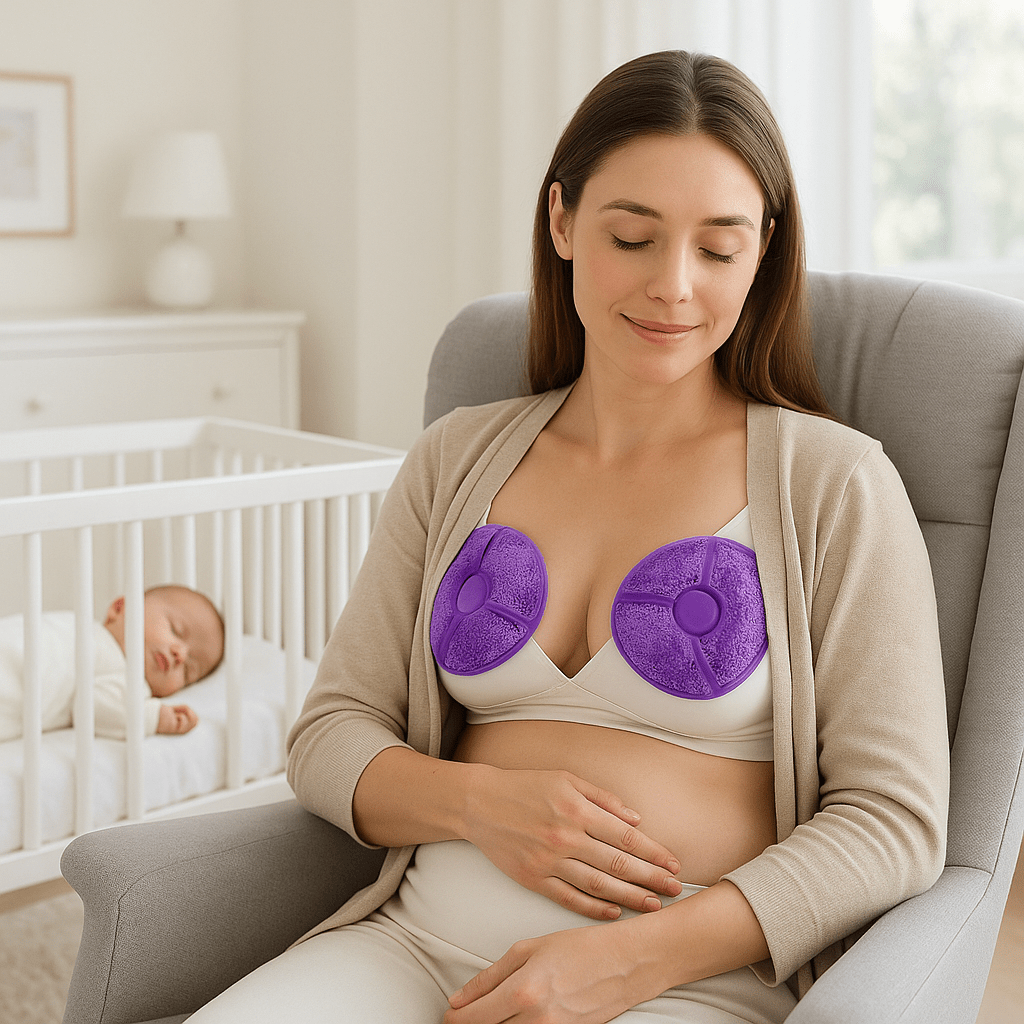 maman relaxe avec coussinet d allaitement gel therapie mauve