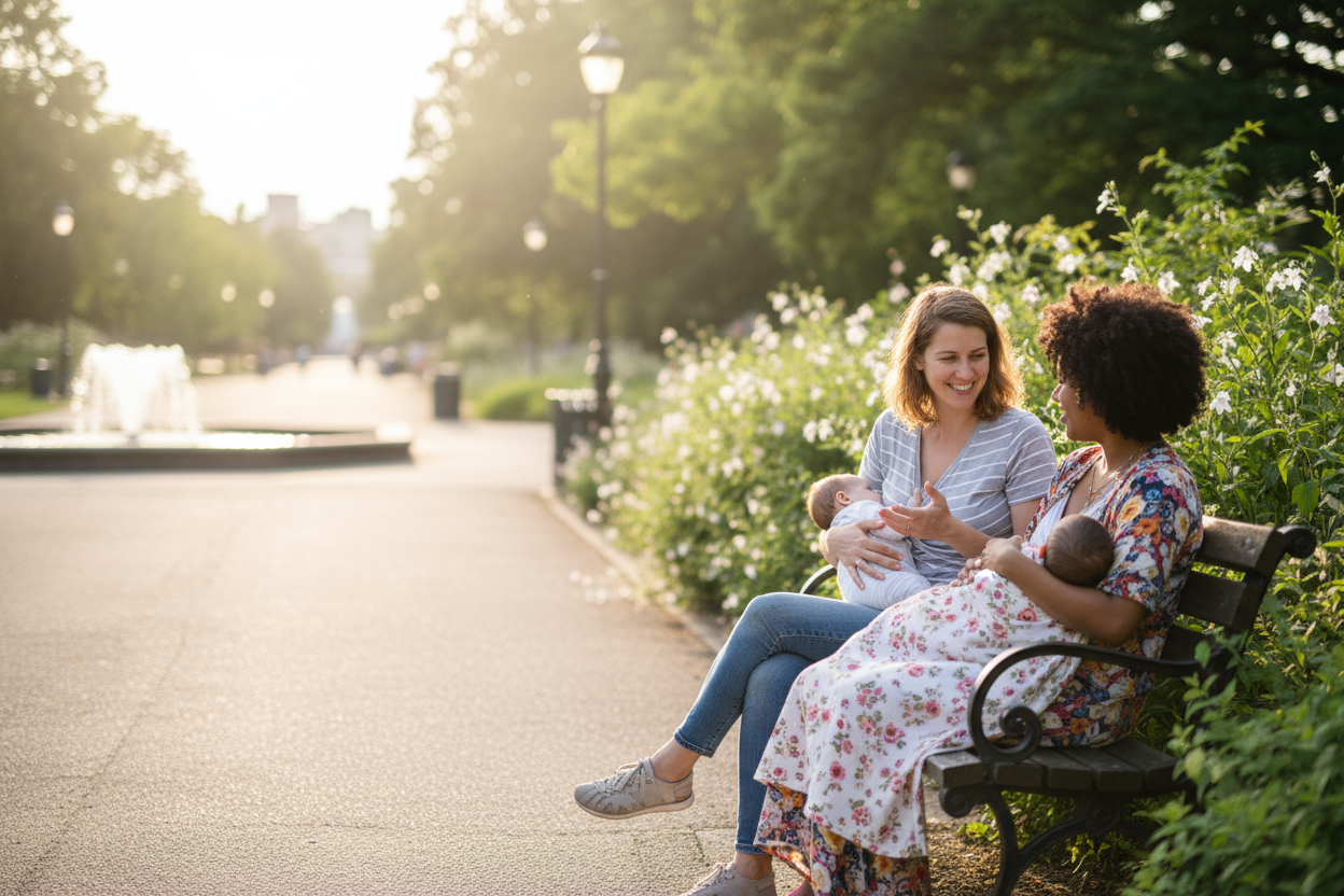 2 mamans de nationalités différentes, discutent en allaitant leur bébé. Une porte un t-shirt allaitement. L'autre utilise une couverture d'allaitement. Elles sont dans un parc.