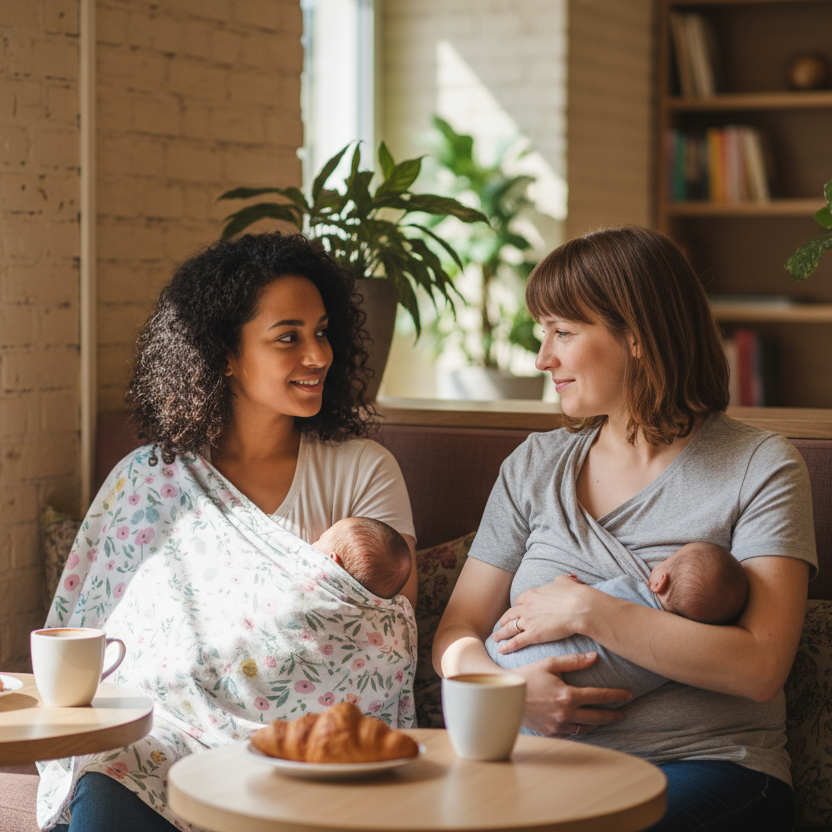 2 mamans de nationalités différentes discutent en allaitant leur bébé. Une porte un t-shirt allaitement. L'autre utilise une couverture d'allaitement. Elles sont dans un lieu café.