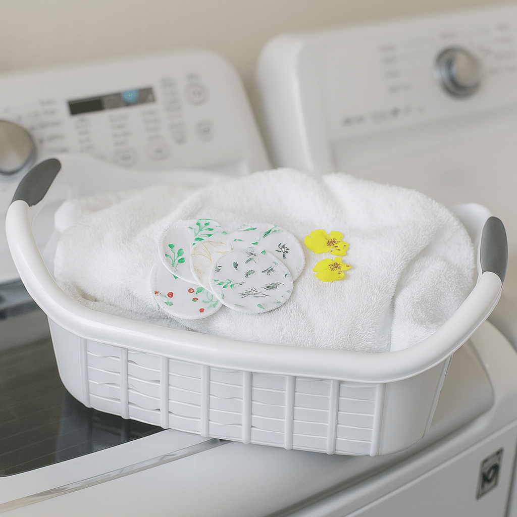 Coussinet d allaitement BambouFlore dans panier de linge propre