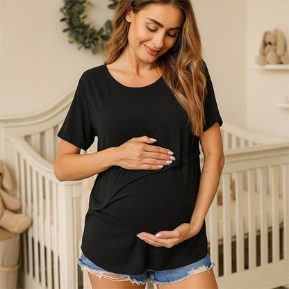 femme enceinte portant T shirt d'allaitement Asymétrique 