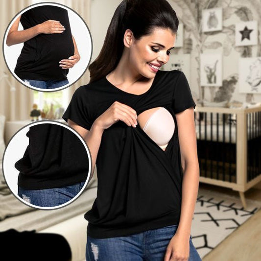 femme portant t shirt allaitement discrete elegance noir enceinte decouvre un sein cache par soutien gorge d allaitement