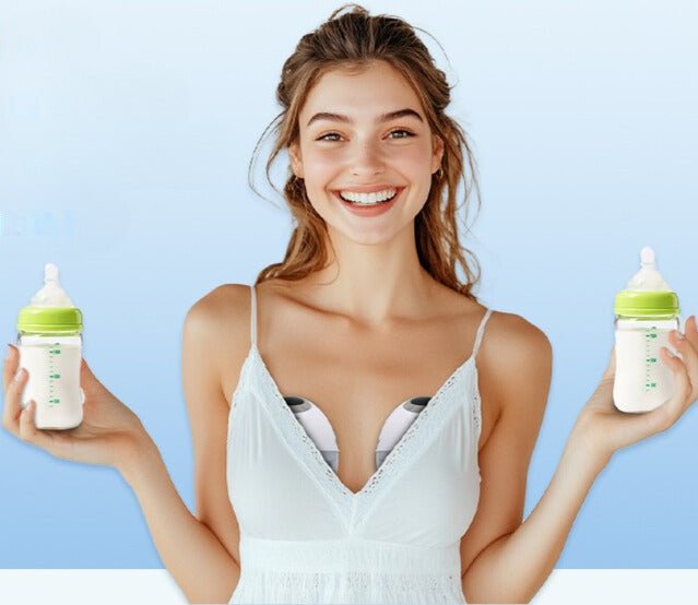 femme utilise tire lait main libre revolution double tient biberon plein dans chaque main