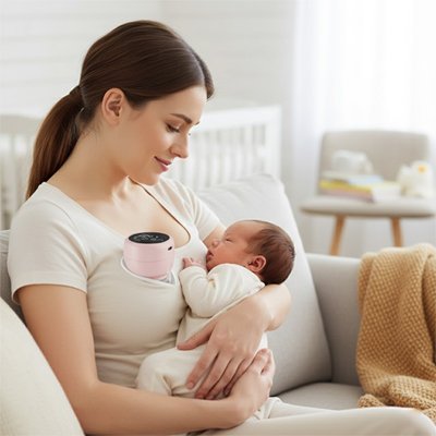 femme utilise Tire-lait portatif LactoProd tenant bébé