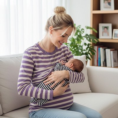 maman allaite bébé avec T shirt allaitement Manches Longues dans divan