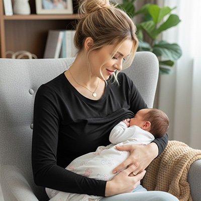 maman allaite bébé avec T shirt allaitement Manches Longues noir