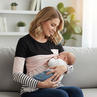 maman allaite bébé avec T shirt allaitement rayé