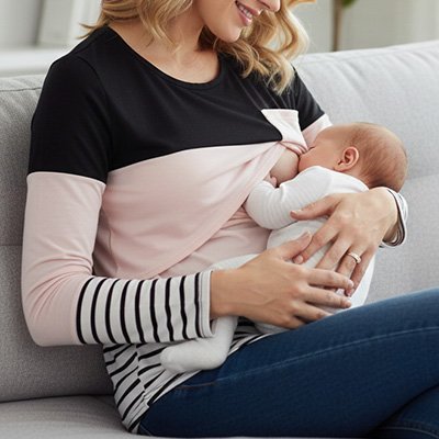 maman allaite bébé avec T shirt allaitement 