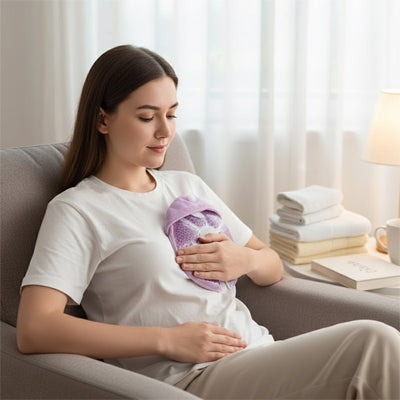 maman relaxe dans sofa avec coussinet d allaitement gel therapie mauve
