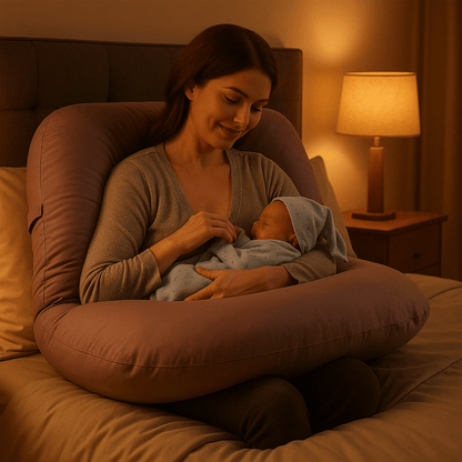 maman tient bebe sur coussin de grossesse dans chambre sombre