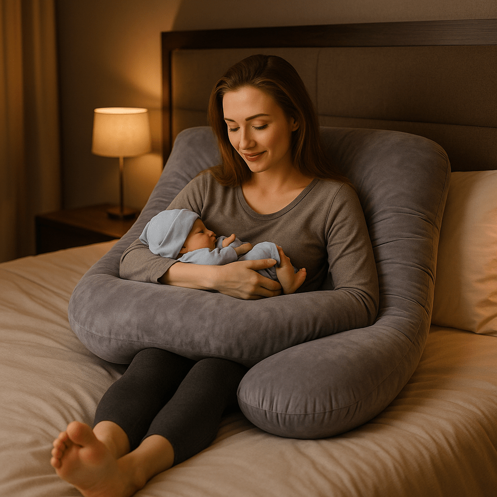 maman tient bebe sur Coussin de grossesse dans son lit