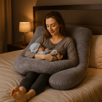 maman tient bebe sur Coussin de grossesse dans son lit