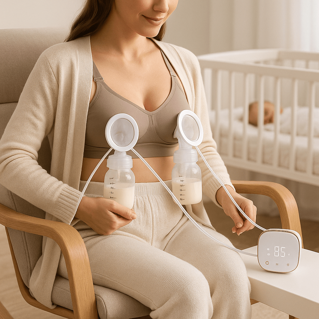 maman utilise tire-lait électrique dualflow pendant que bébé dort