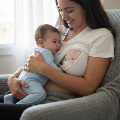 maman utilise Tire lait main libre MilkEase avec bébé