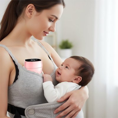 maman utilise Tire-lait portatif LactoProd debout tenant bébé