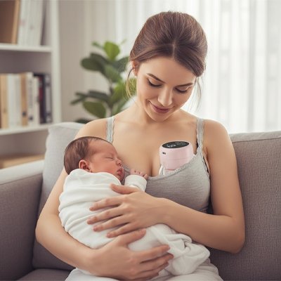 maman utilise Tire lait portatif LactoProd tenant bébé